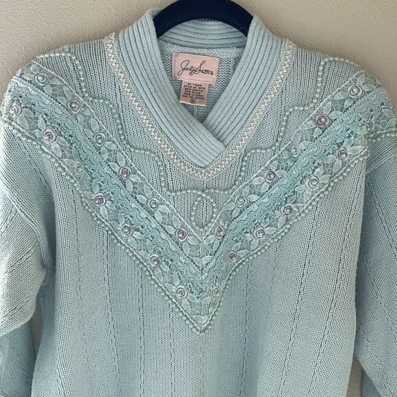 Vintage Jaclyn Smith Sweater Pastel Blue Fairy Kei Core Beaded Floral Lace 80s - Picture 3 of 11